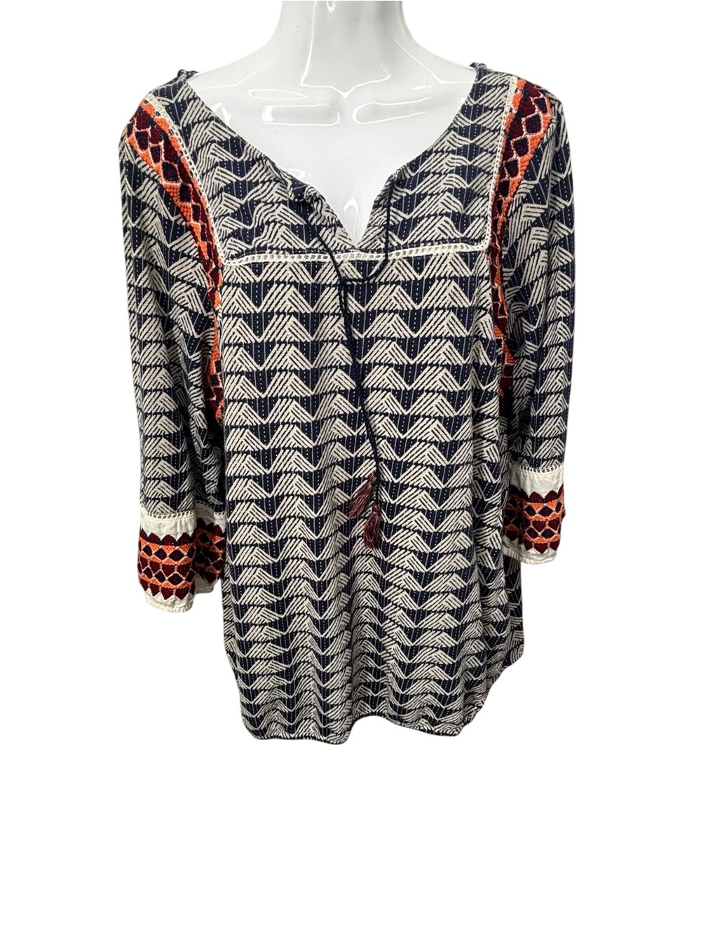 Lucky Brand 2X Boho Embroidered Blouse Cotton Linen Geometric Women's
